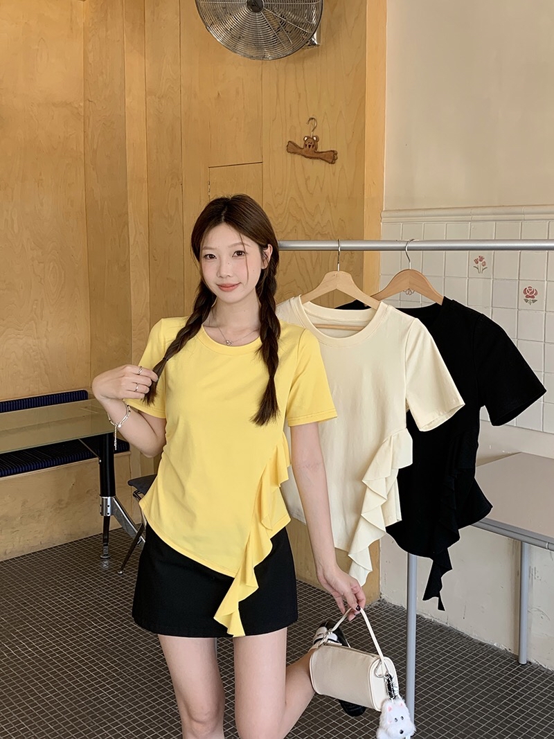 B83(36658) 韩系甜美风圆领短袖腰边荷叶飘带设计感3色上衣