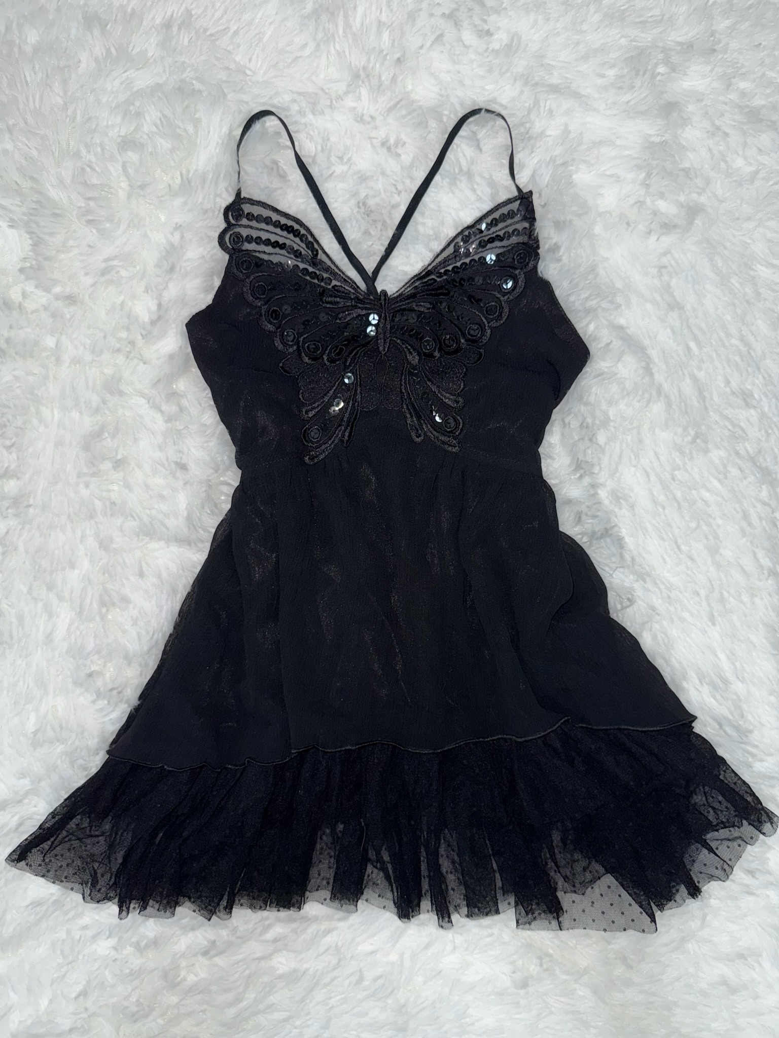 Whimsigoth Goth Embroidered Butterfly Mesh Ruffle Dress 