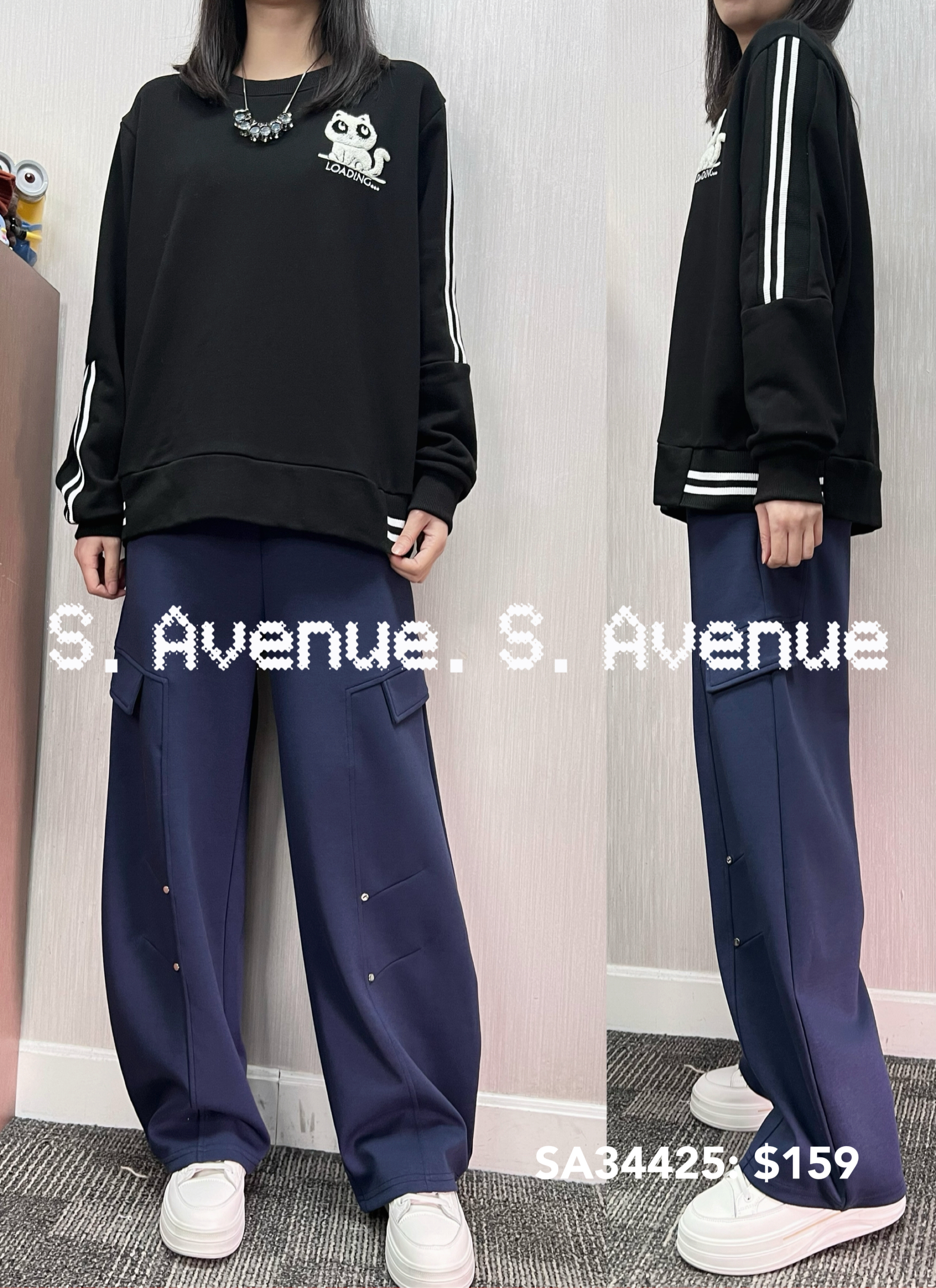 SA34425: 長袖繡小貓袖白邊衞衣