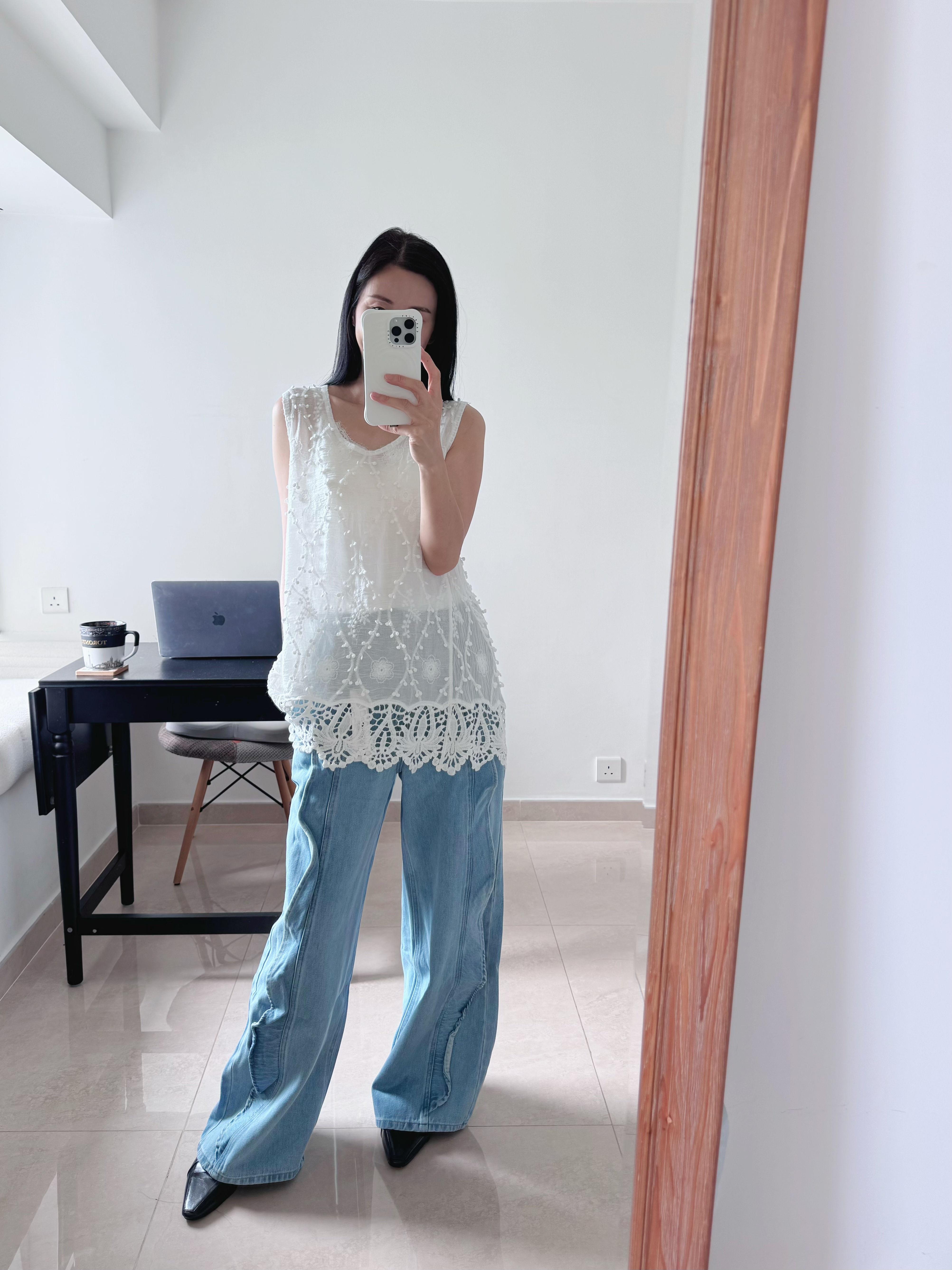 Stylish ruffle wide jeans (L.Blue/S)