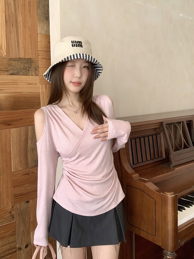 B370(A2759) 法式纯欲风交叉领双边露肩褶皱腰3色上衣