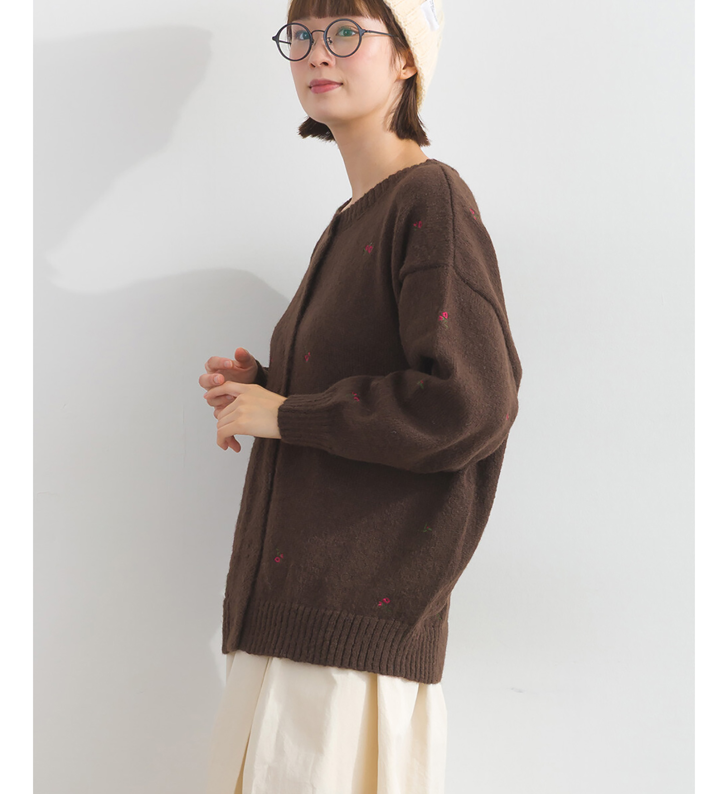 LP - 平針小花開襟毛衣 (咖啡色)