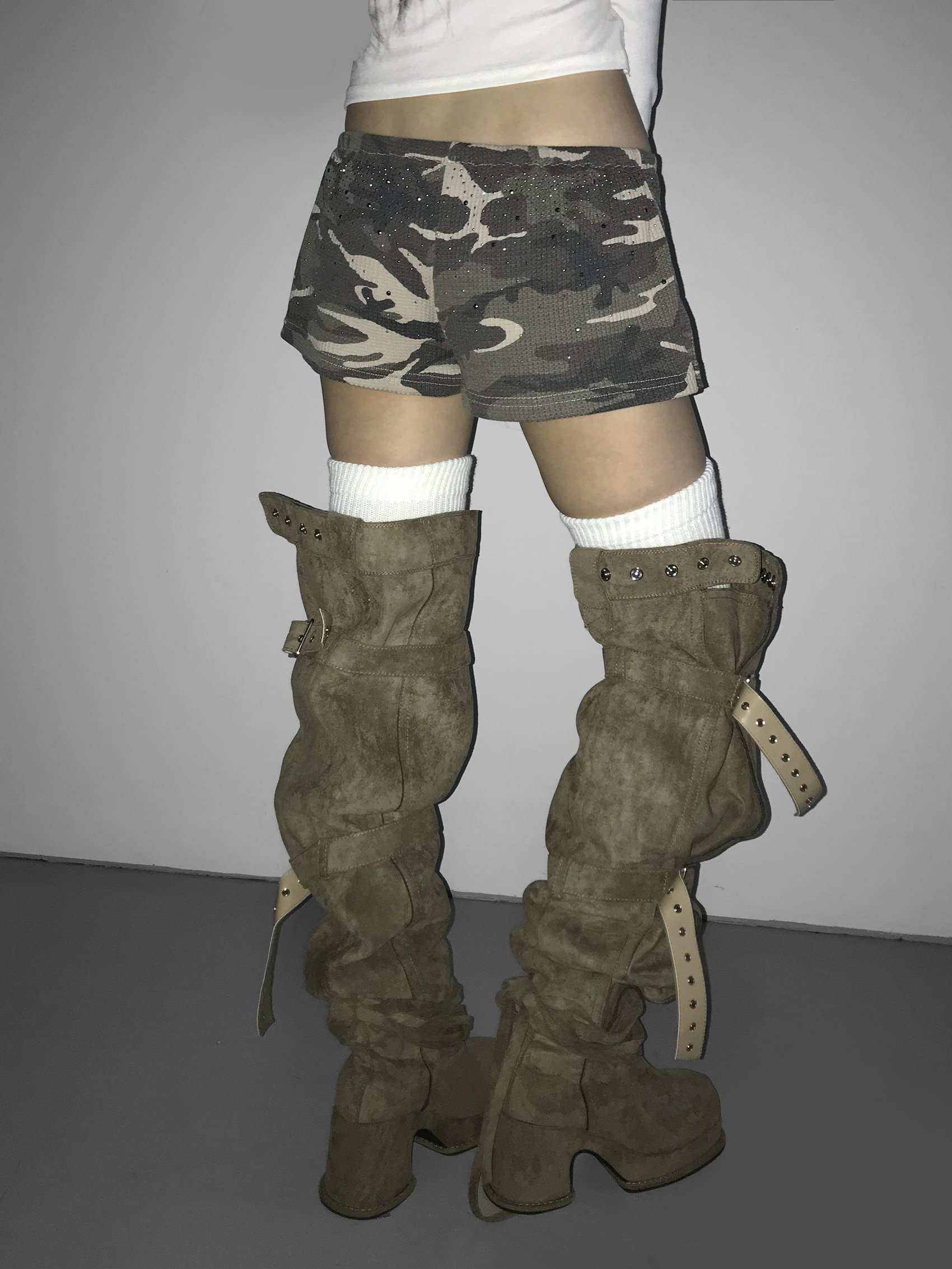 Waffle Knit Rhinestone Camo Shorts