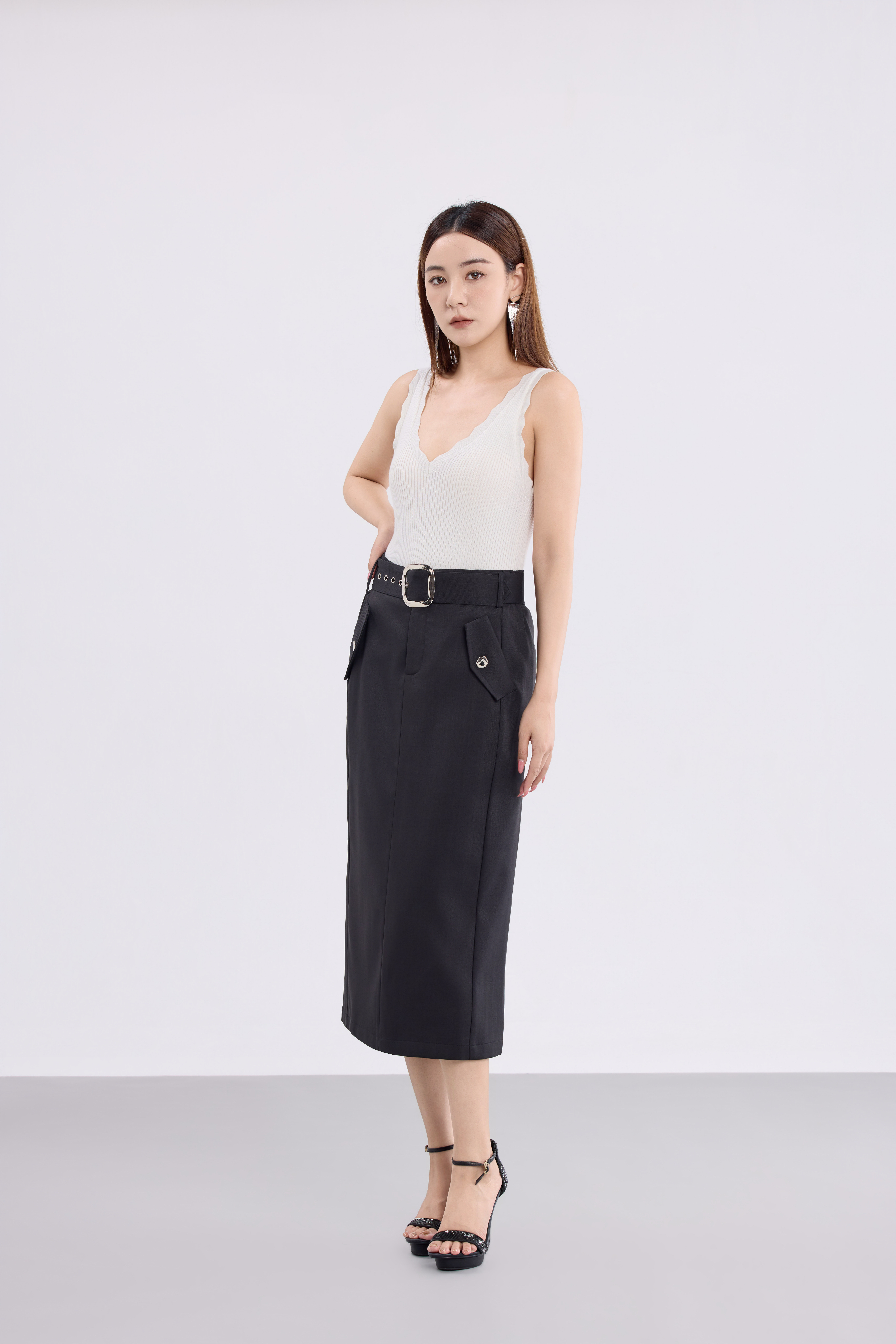 12241330 Victoria Belted Pencil Midi Skirt