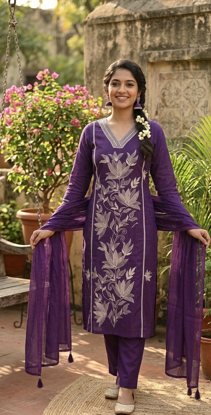 Eggplant Purple Embroidered Kurta set