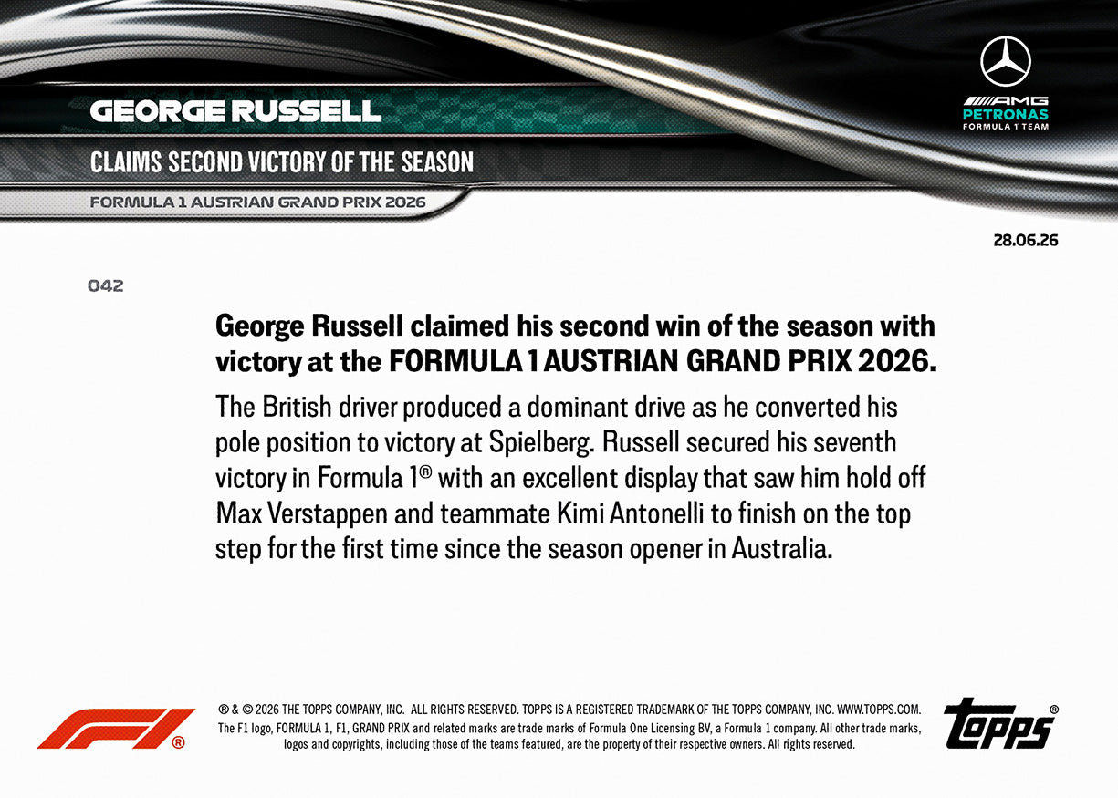 George Russell - 2026 F1 Topps NOW® #42 Austrian GP 贏車卡【現貨】