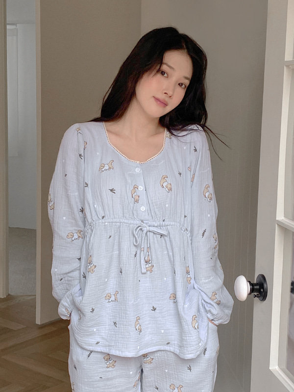 浪漫 Mocha 狗狗純棉皺布長袖睡衣