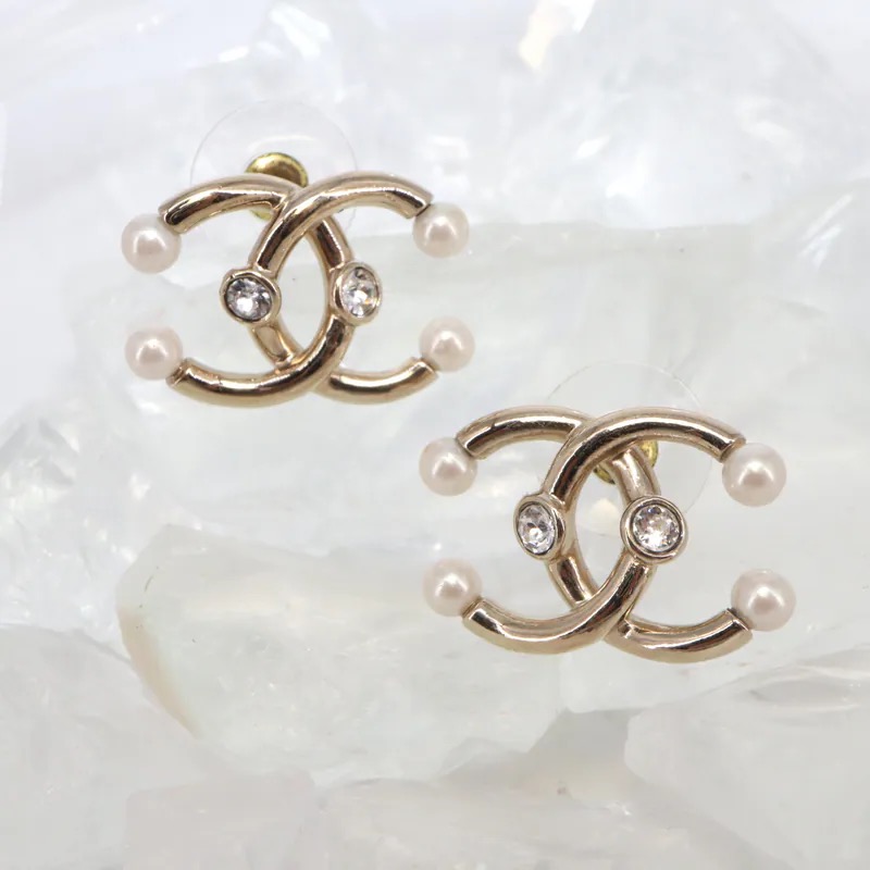 Chanel Coco Mark Rhinestone Faux Pearl Piercing Earrings
