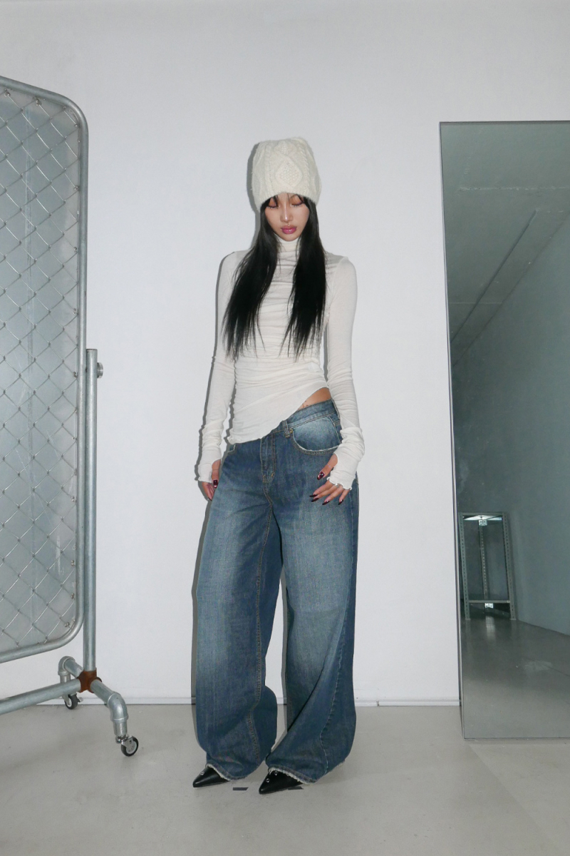 Ruched Asymmetrical Turtleneck Top