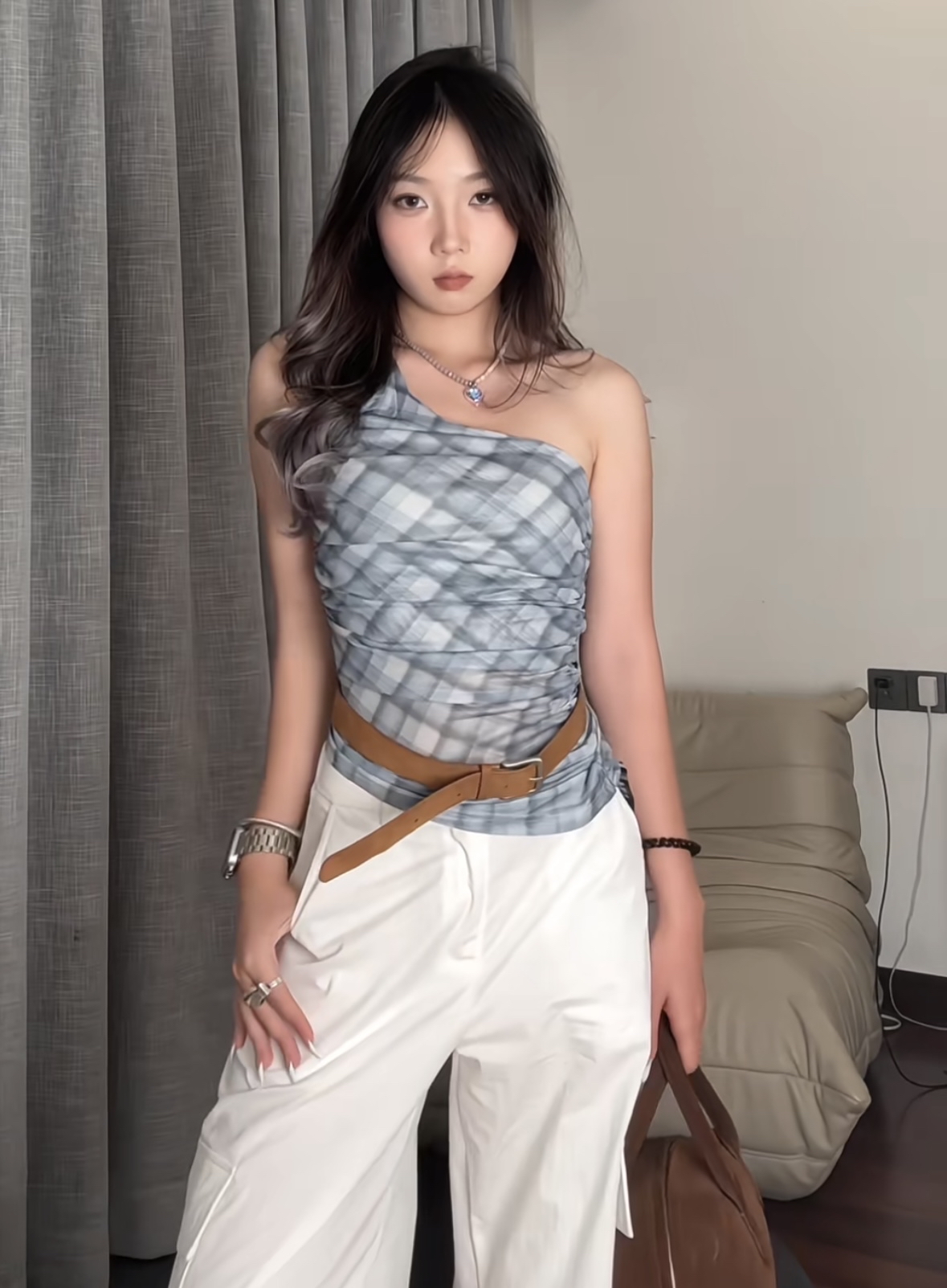 TP412蓝格斜肩上衣