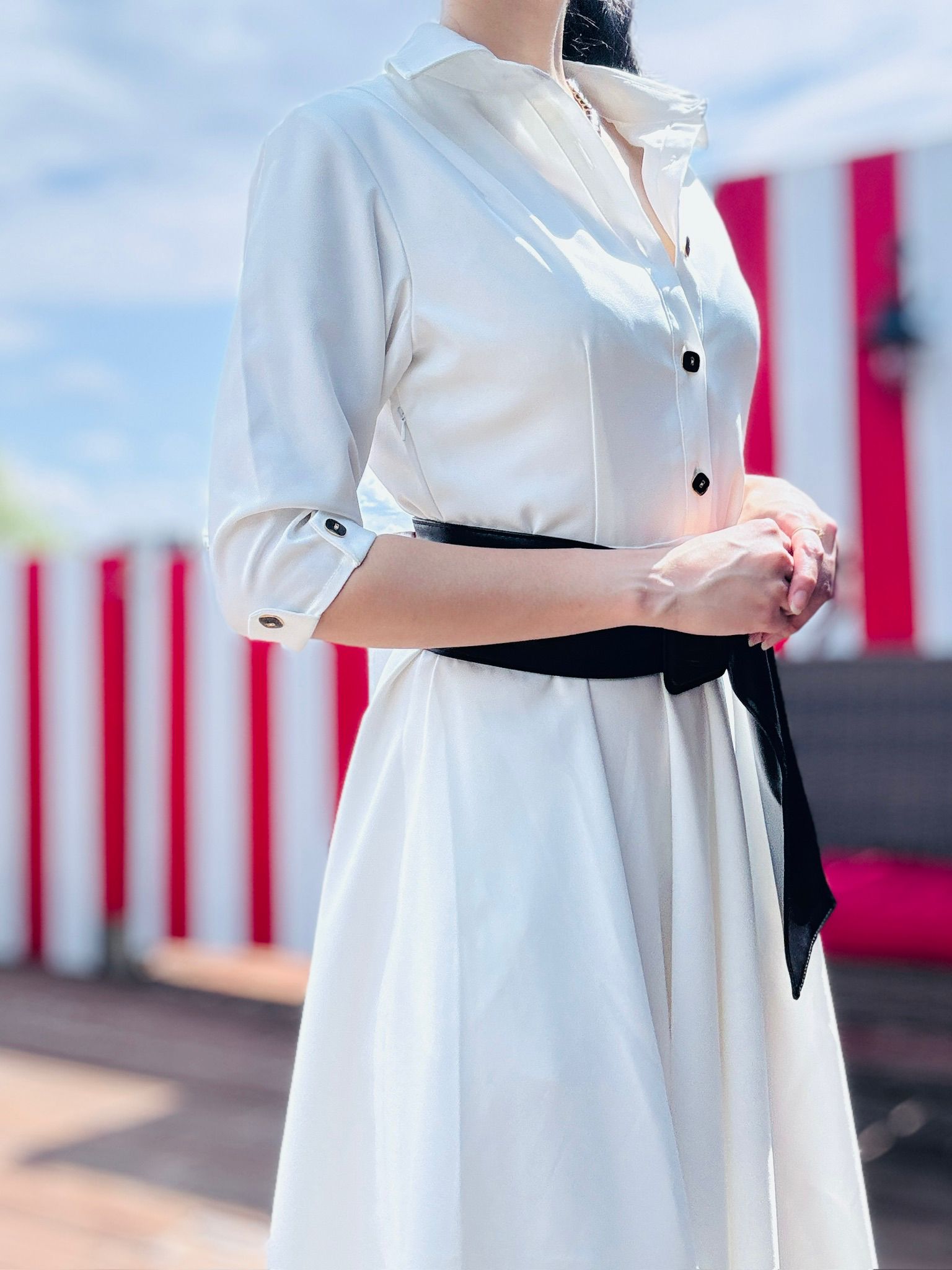 (Custom-Made) Ivory Heirloom Shirtdress with Vintage Buttons and Belt (FM237)