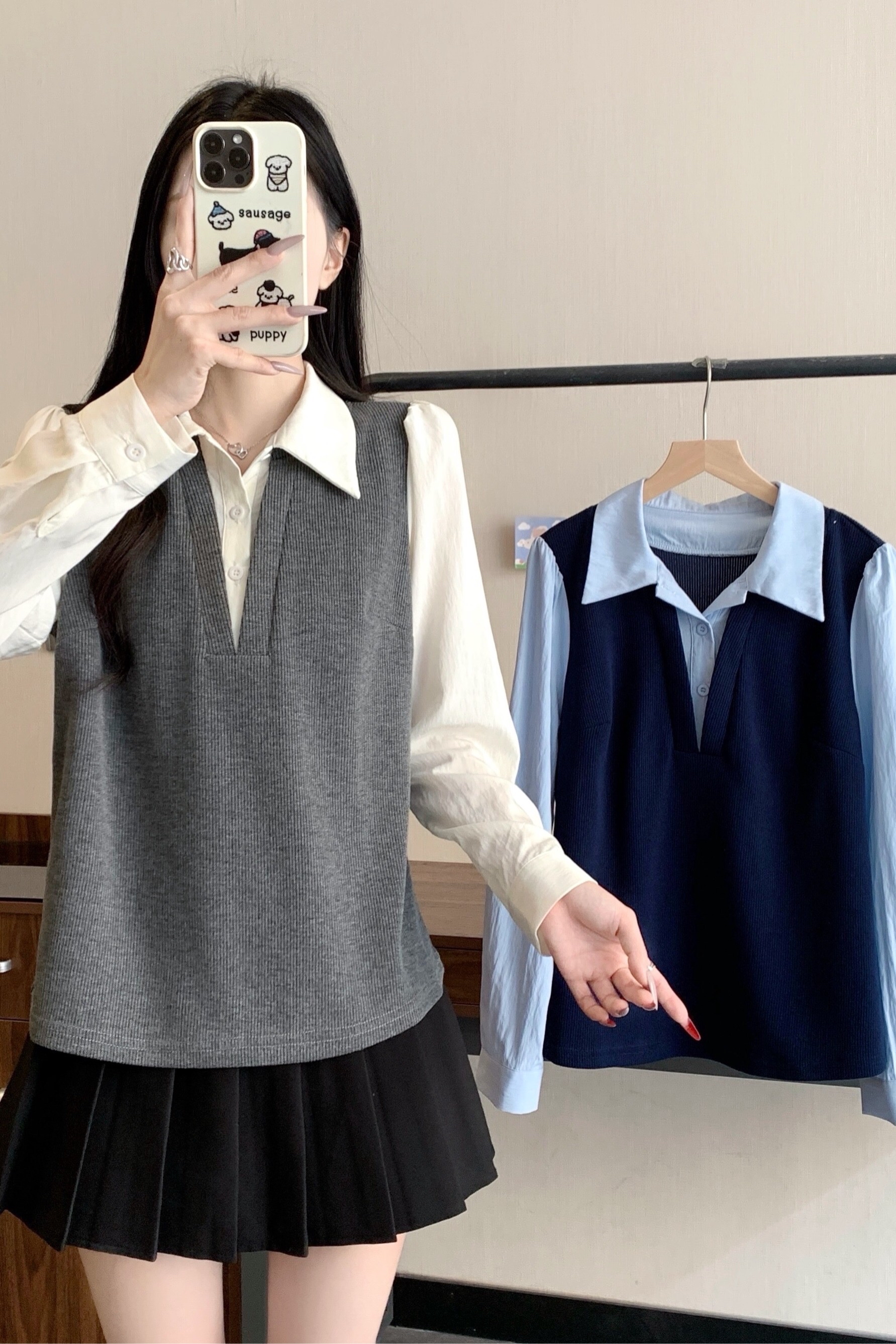 B52(80705) 韩系时尚撞色假两件拼接叠穿长袖衬衫灰蓝上衣