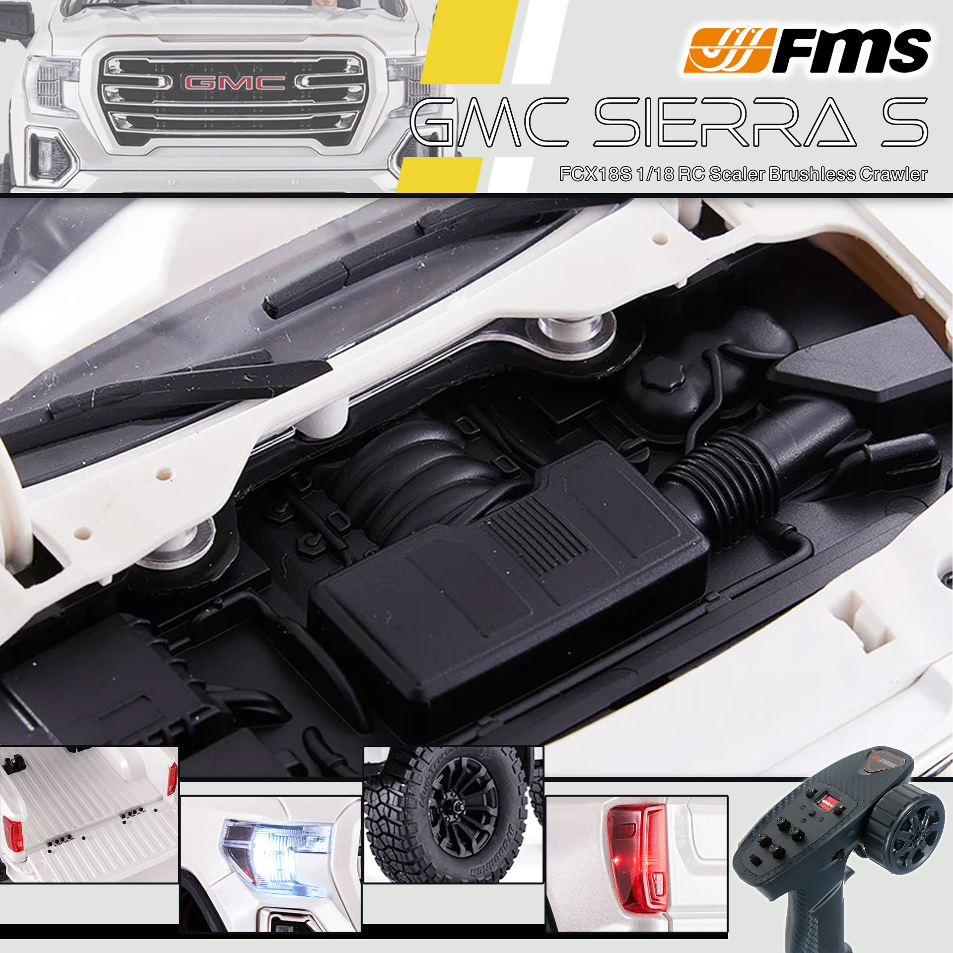 全新 FMS FCX18S 1:18 GMC Sierra S RTR Brushless | General Motors LLC授權 | 無刷版本 | 聯動指揮燈 | 2段機械變速 | 迷你慢爬車 | 遙控車 | 像真迷你遙控車
