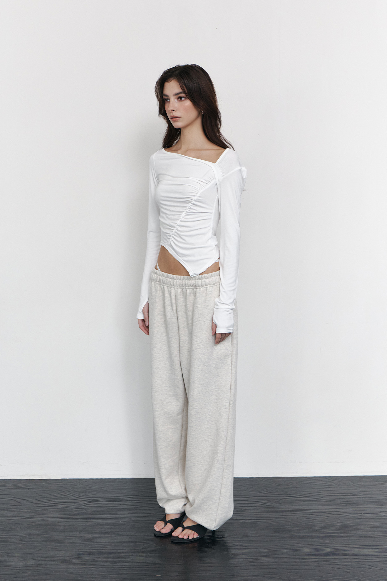 pleaseNOFOLLOW - Sadie Unbal Shirring Long Sleeve Top (White)