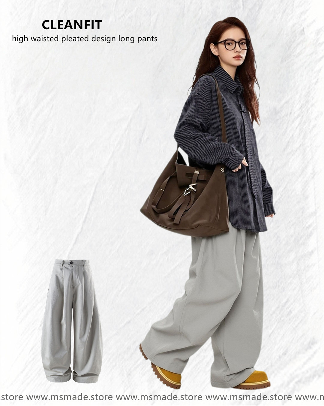 M2538高腰皺褶設計感落地褲