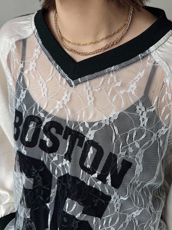復古運動風數字印花薄紗上衣