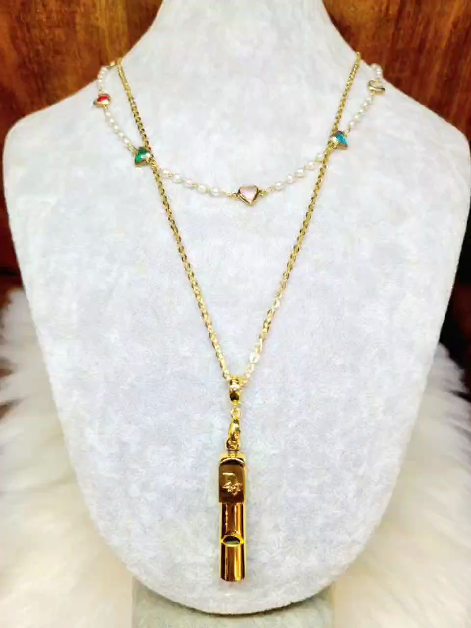 Vintage Dior 哨子吊墜配upcycling 心型珍珠雙層包金頸鍊
