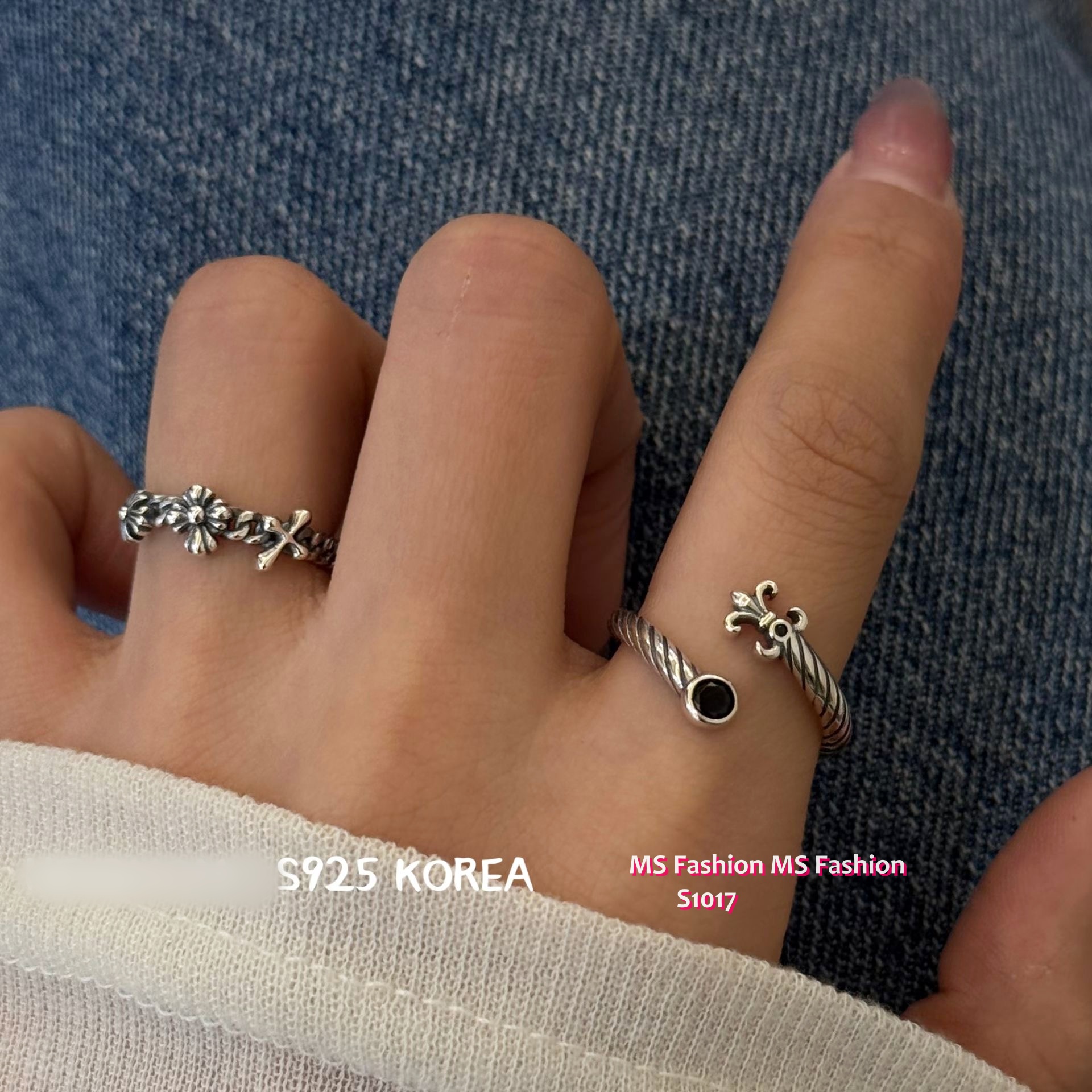 S1017 韓國🇰🇷S925純銀黑羅心前開口戒指