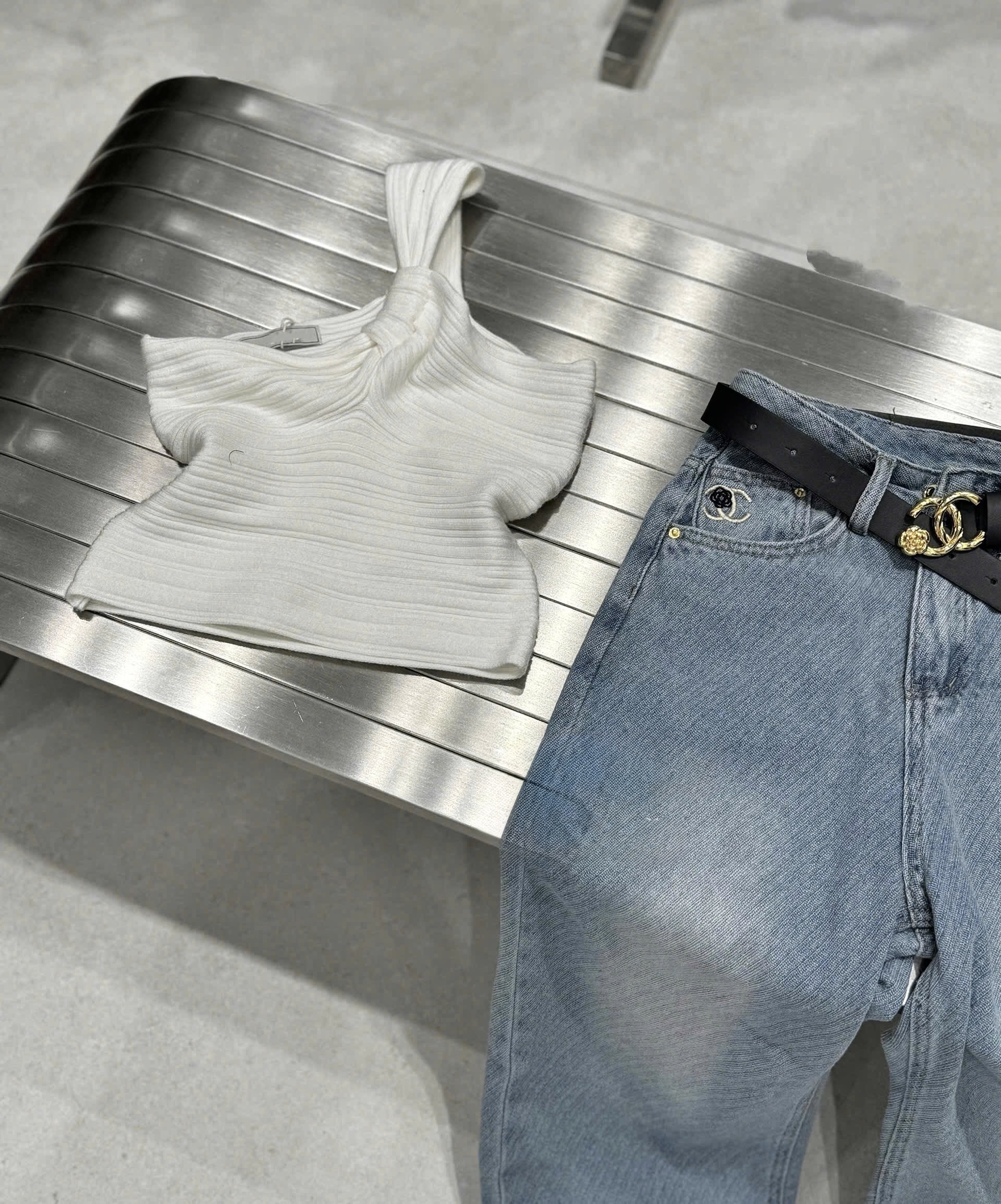 羅紋單肩露臍上衣韓式