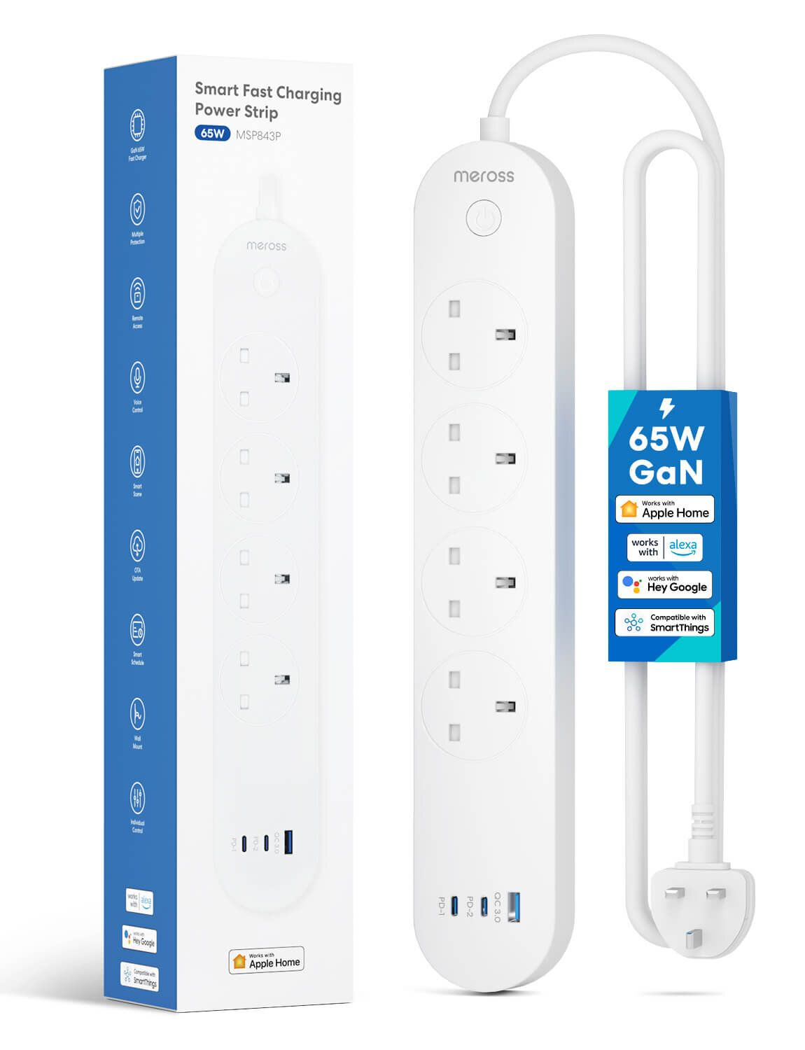 香港行貨 2年保養 Meross Smart Fast Charging Power Strip 65W GaN 智能拖板 MSP843P