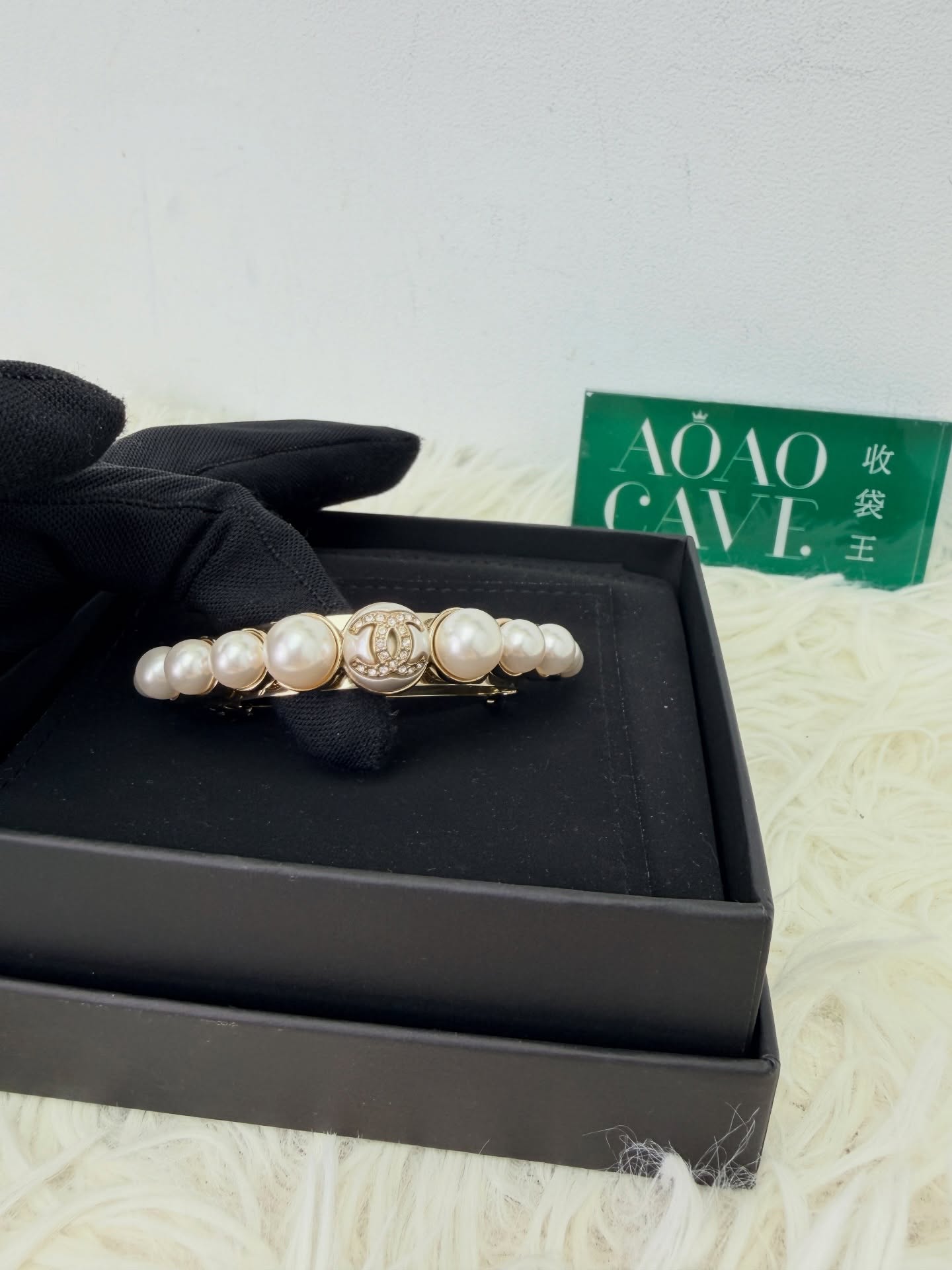 Chanel🤍PRE OWNED 珍珠水鑽半圓弧 淑女氣質彈簧髮夾🖤