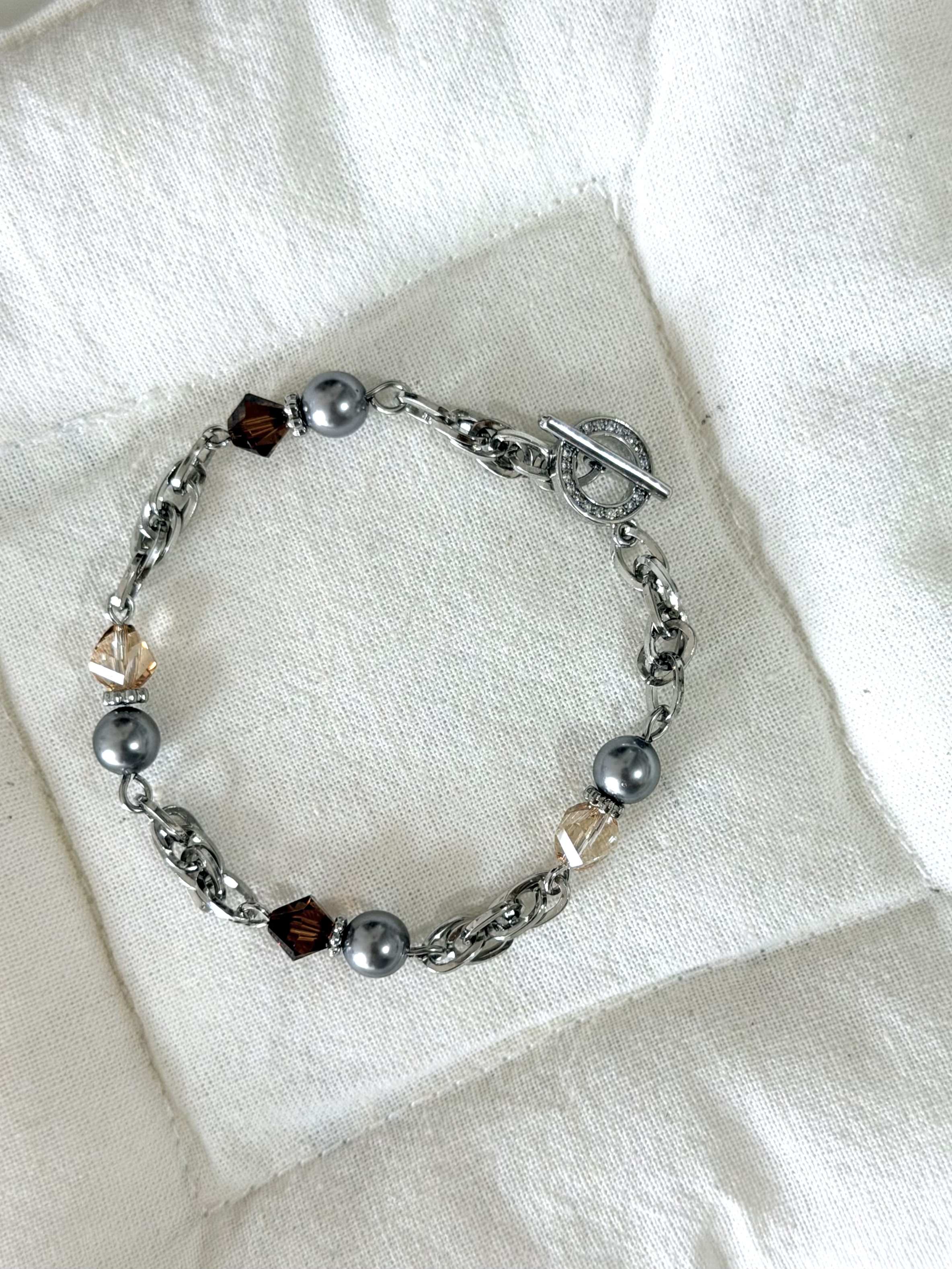 復古款水晶手鍊/棕色x銀色