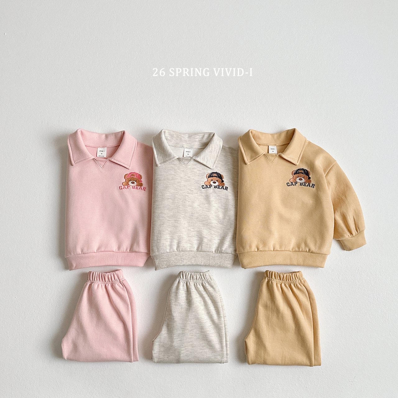 🌸預訂 韓國直送🌸🇰🇷VIVIDI三色帽子小熊刺繡長袖翻領上下套裝