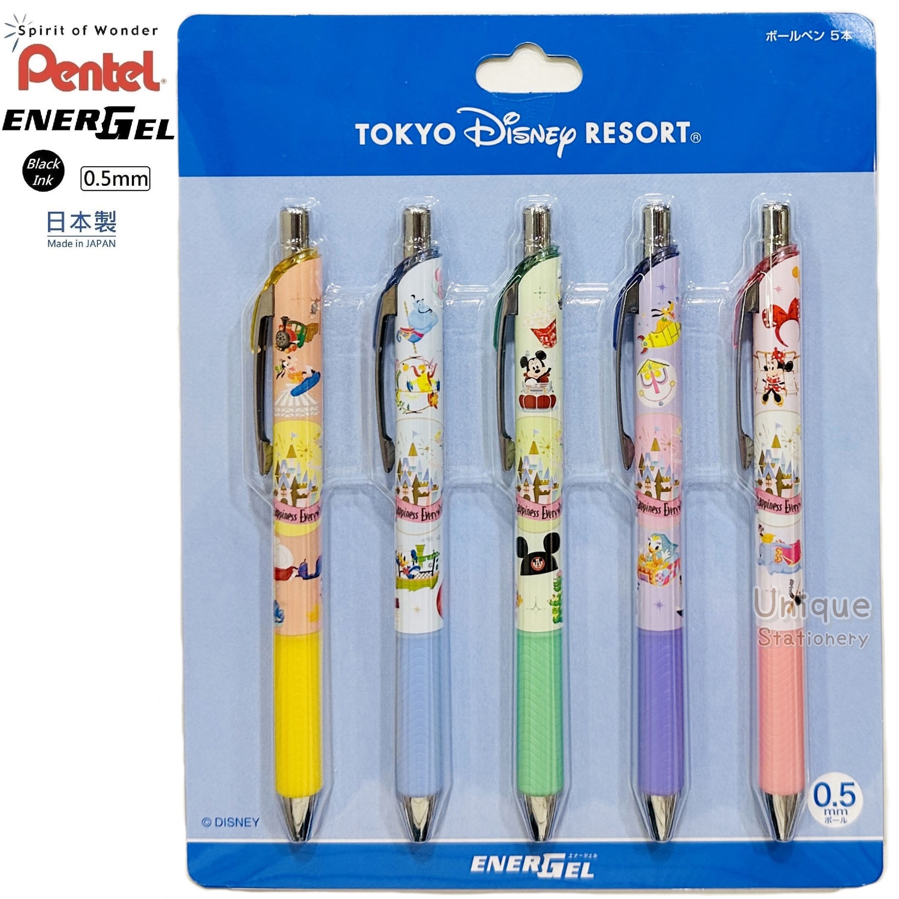 現貨｜【日本 Disney Store 限定】一套5枝 Mickey & Friends 米奇與朋友 日本製 Pentel EnerGel 0.5mm  黑色 啫喱筆 069480