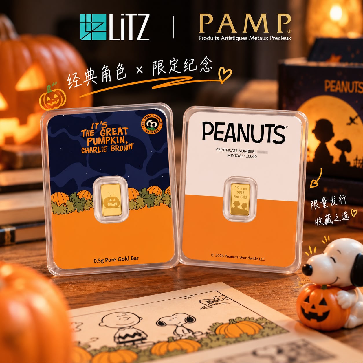 [0.5 g] LITZ Peanuts Great Pumpkin Charlie Brown 60th Anniversary Limited Edition Gold Bar (999.9) PG090