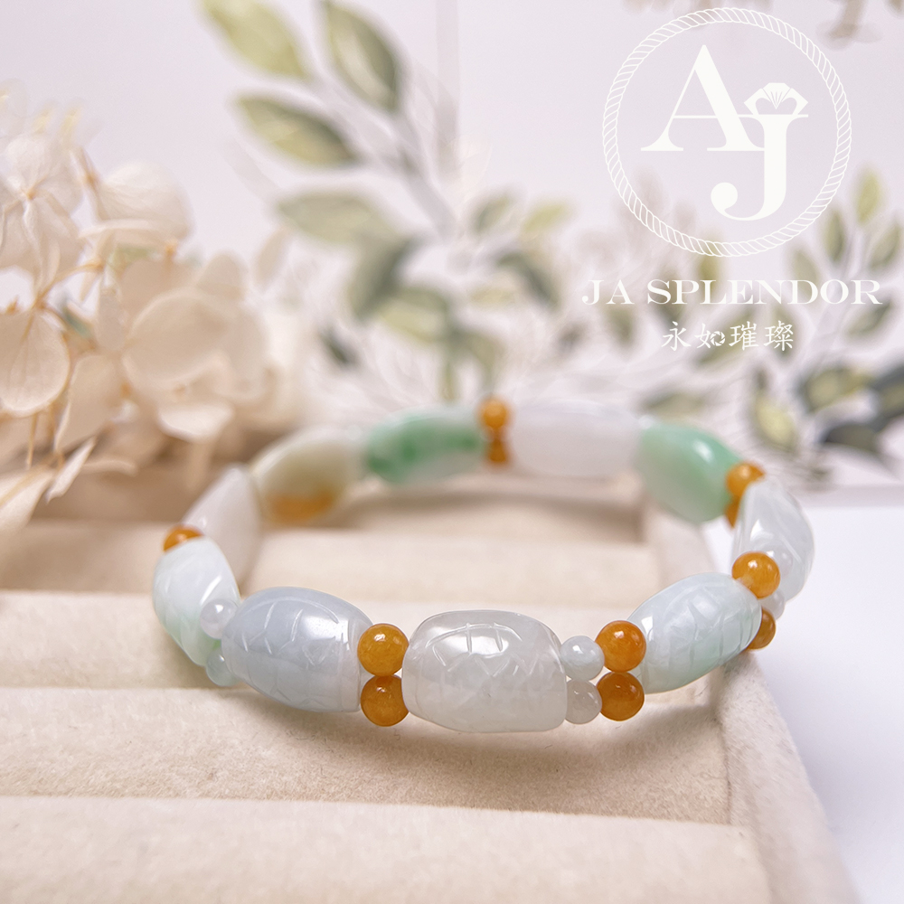 OF-06-C 天然翡翠A玉 - 冰潤三彩長壽吉祥龜貝手串