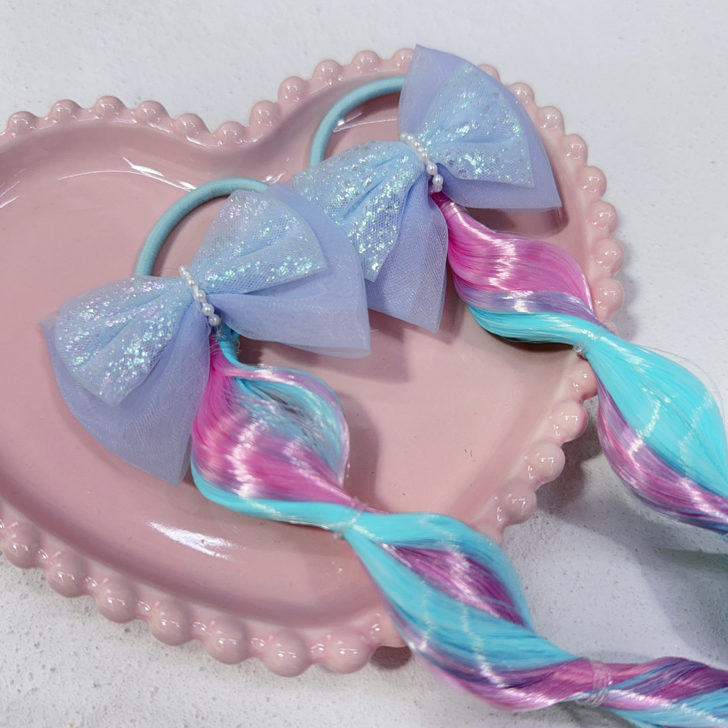 Girls Colorful Bubble Braids Wig Hair Ties with Glitter Bow 女孩繽紛泡泡假髮辮子髮圈附閃亮蝴蝶結