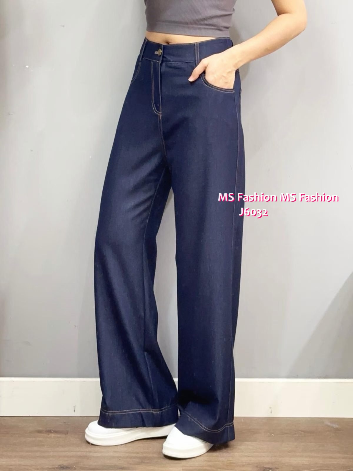 J6032 韓國🇰🇷輕薄牛仔色布料闊筒褲