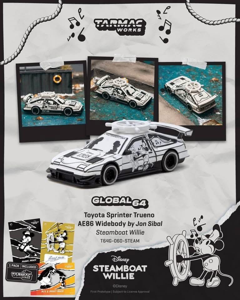 （預訂 Pre Order) Tarmac Works (T64G-060-STEAM) Toyota Sprinter Trueno AE86 Widebody by Jon Sibal Steamboat Willie