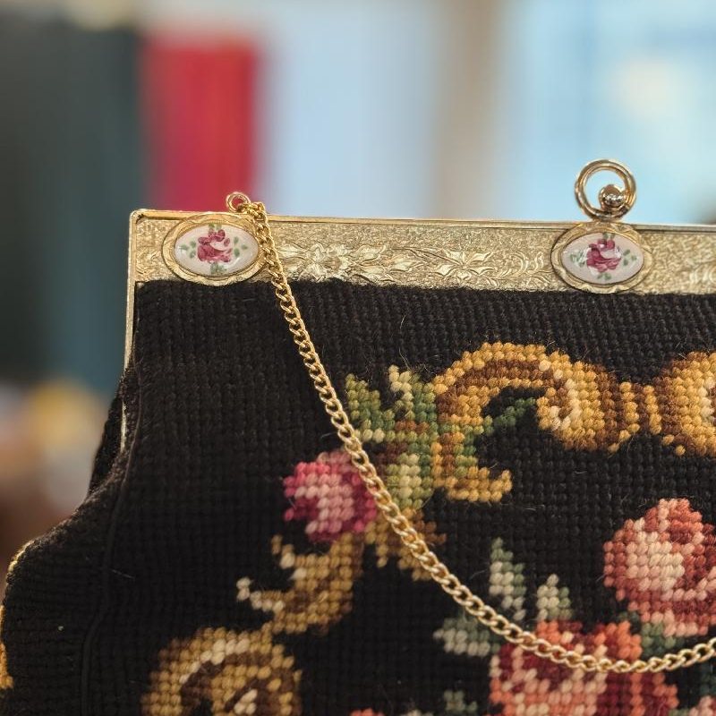 Vintage C.a. 1960s Hand-Stitched Floral Needlepoint Bag with Handpainted Rose Frame (MT2506)