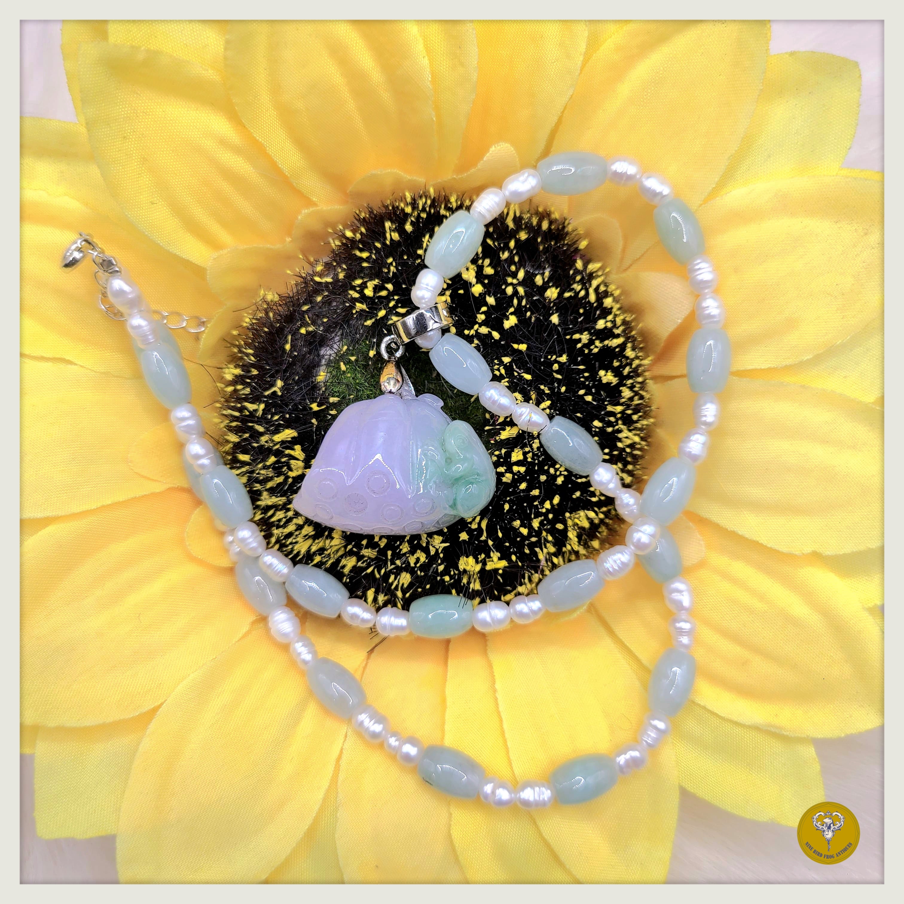 糯冰種紫羅蘭果綠青蛙蓮蓬翡翠配翡翠珍珠頸鍊