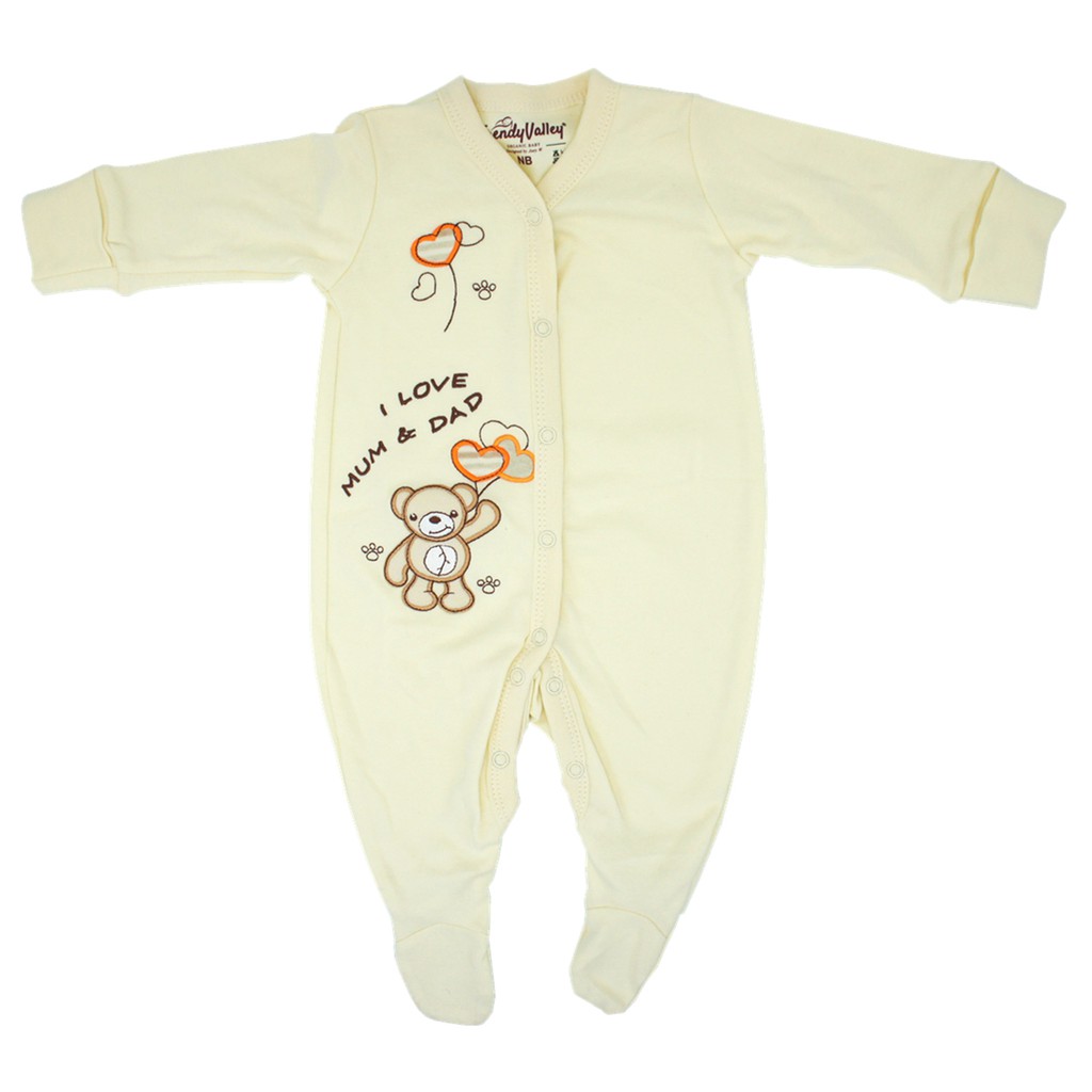 Trendyvalley Organic Cotton Long Sleeve Long Pant With Covered Feet Baby Romper Jumpsuit (I LOVE MUM & DAD)