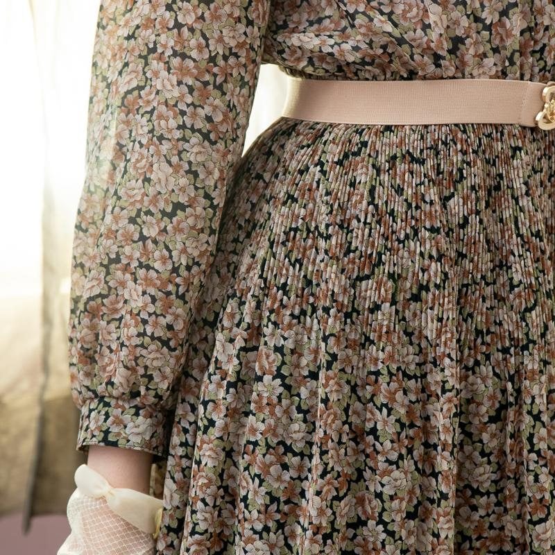 Vintage Japanese Joynana Autumn Floral Ruffle Trimmed Chiffon Dress / Long Sleeve Dress (MT1840-2)