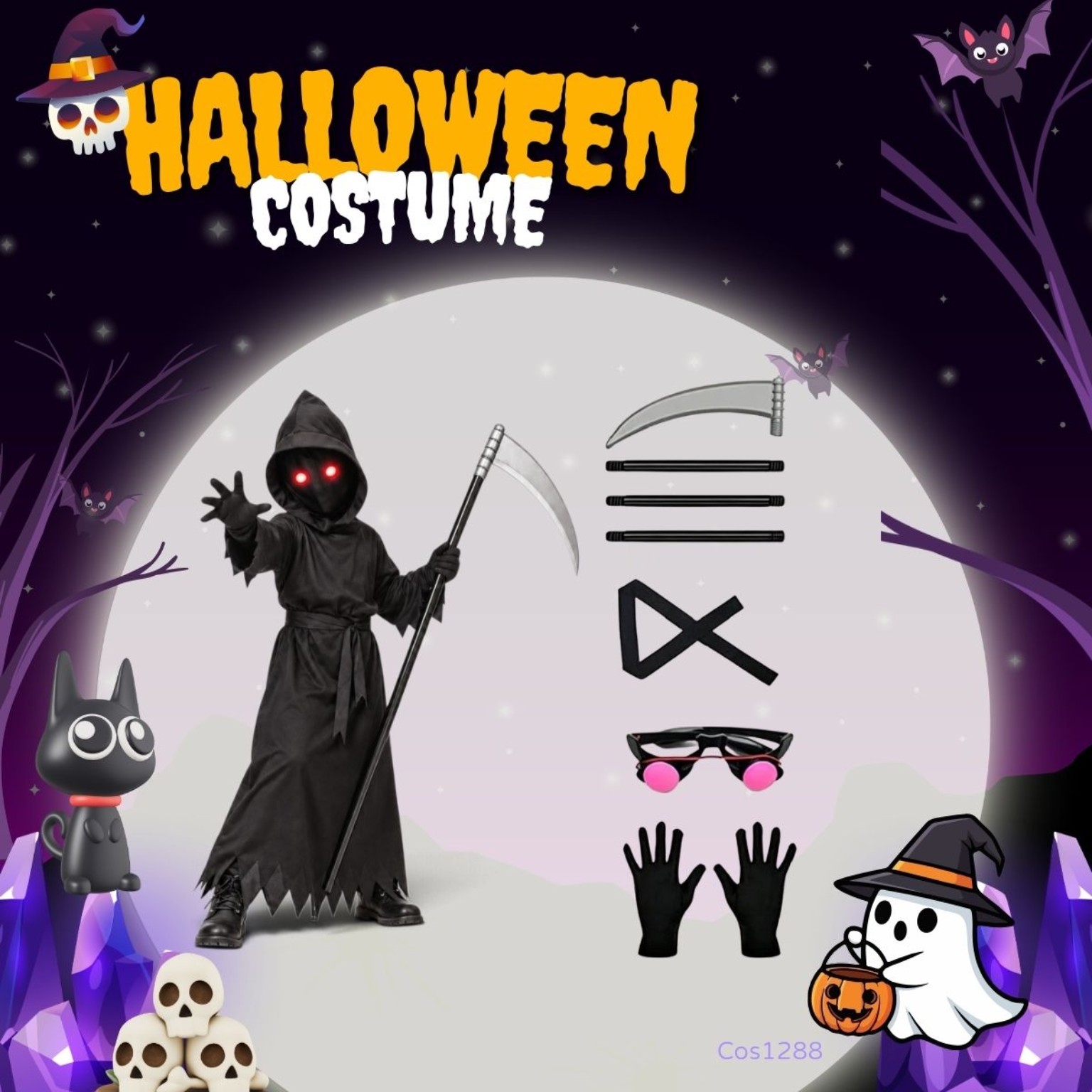 兒童勾魂使者角色扮演服 S–XL Grim Reaper Kids Halloween Costume 發光眼鏡鐮刀 Lets Cosplay COS1288