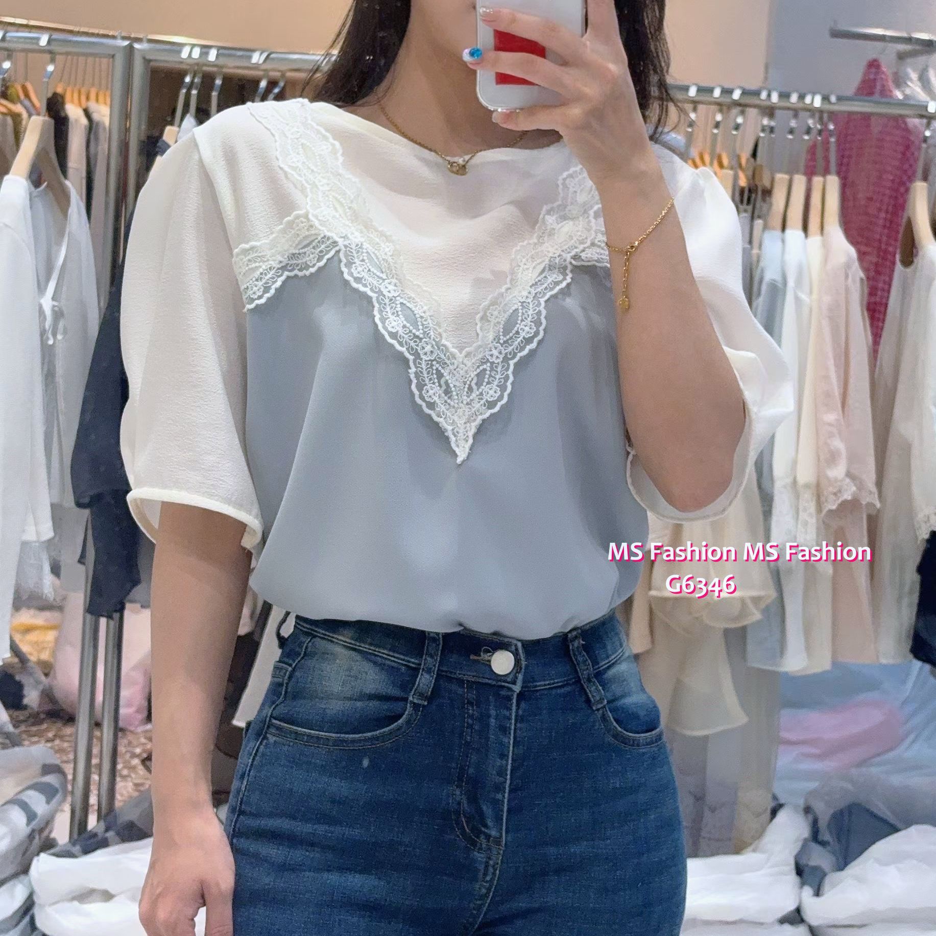 G6346 靚料拼色V lace top