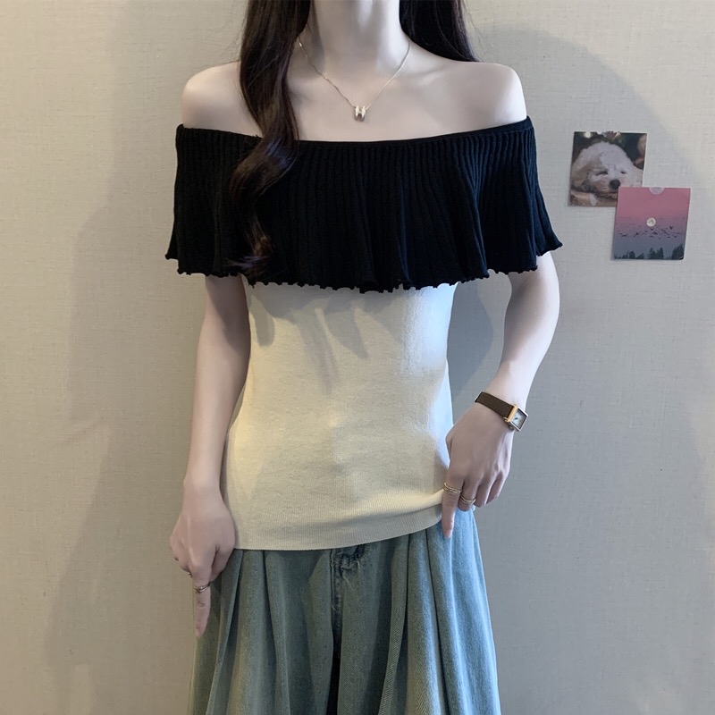 B143(980) 法式小众设计感撞色一字肩百褶荷叶领边黑杏针织上衣 