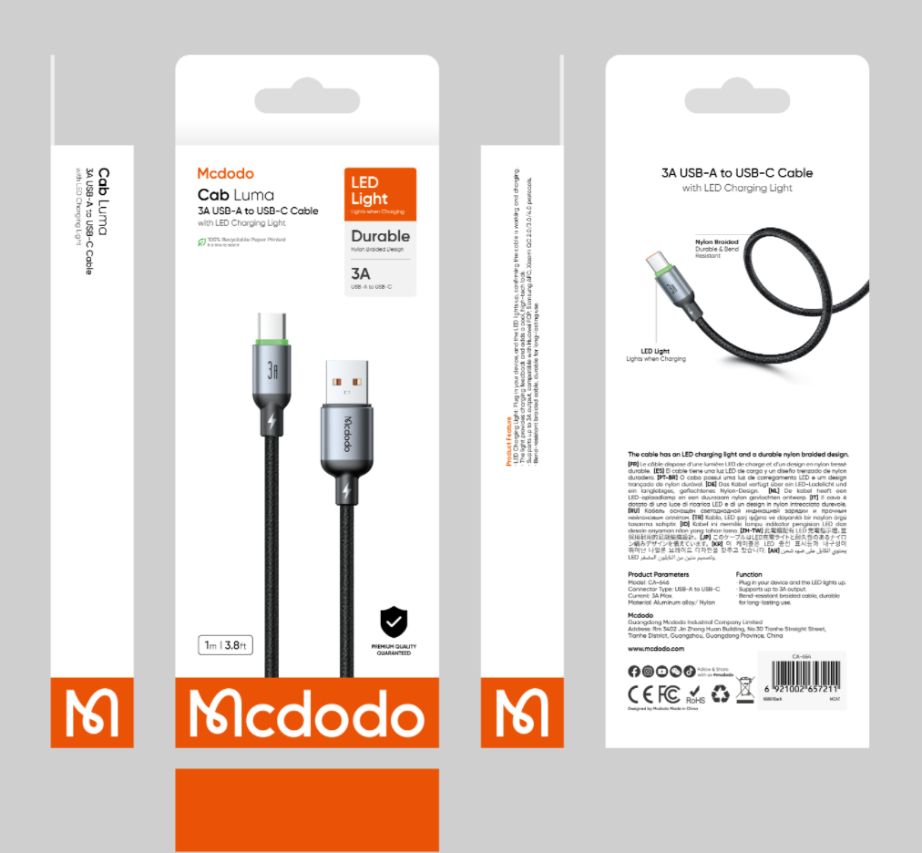 MCDODO CA6461 3A USB A TO USB C CABLE WITH LED CHARGING LIGHT 2M-CABLE-NA