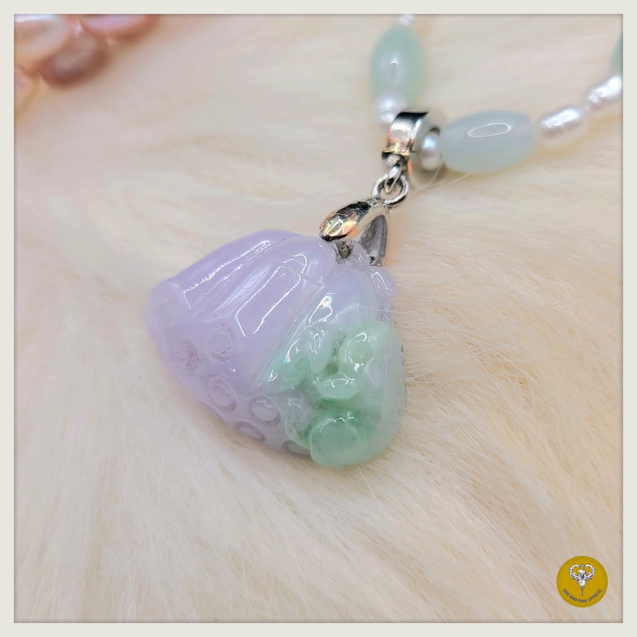 糯冰種紫羅蘭果綠青蛙蓮蓬翡翠配翡翠珍珠頸鍊