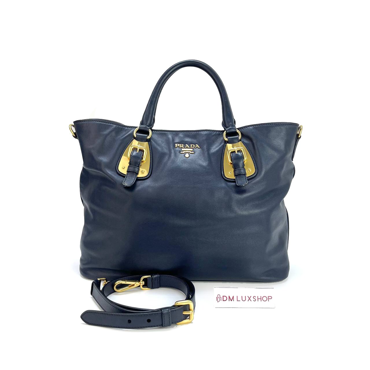 Prada Navy Blue Leather Tote GHW