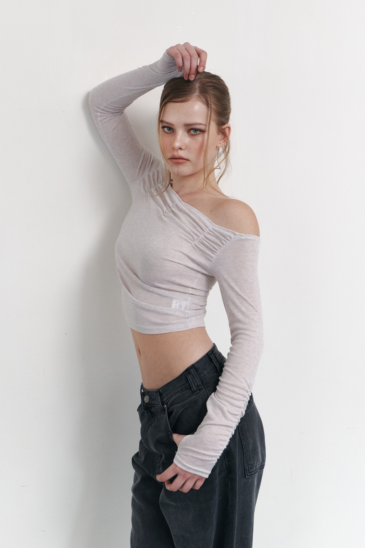 pleaseNOFOLLOW - Halo Unbal Shirring Long Sleeve Top (Dusty Pink)