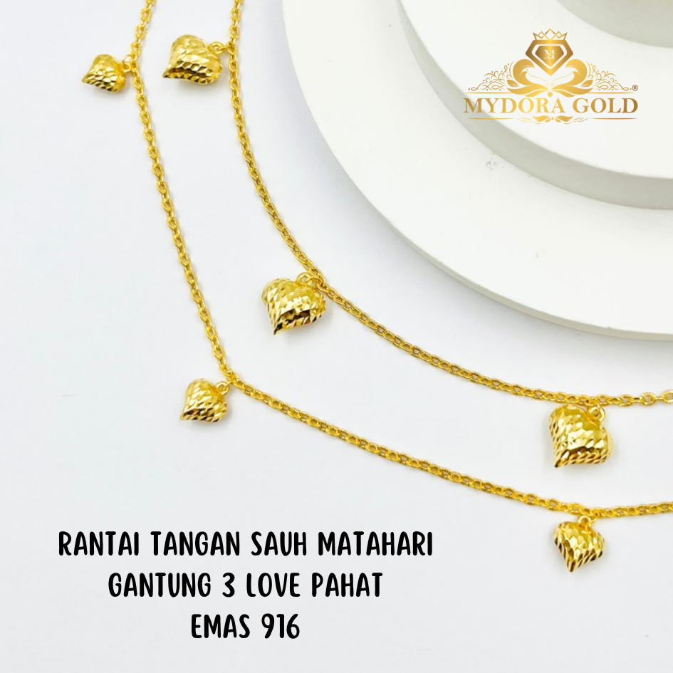 MYDORA Rantai Tangan Sauh Matahari Gantung 3 Love Pahat | EMAS 916/22K