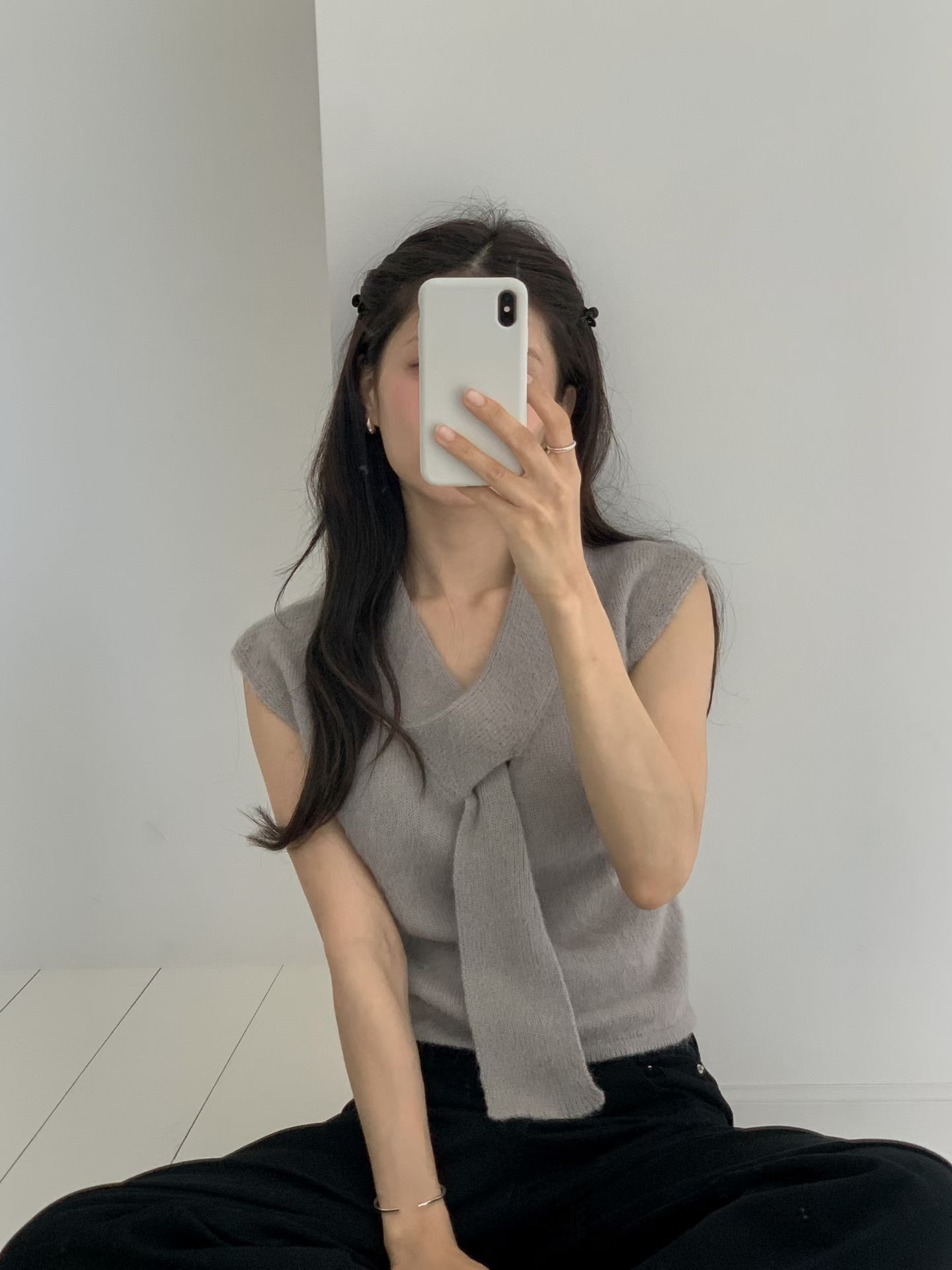 Elegant tie alpaca wool knit top