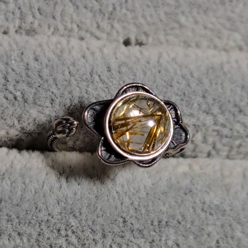 Golden rutilated quartz round floral ring in adjustable sterling silver (B) - RT1470