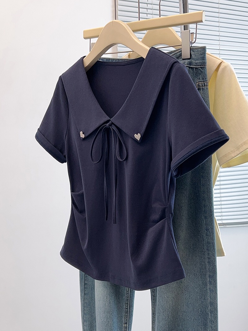 B212(36905) 韩版甜美风蝴蝶结系带大翻娃娃领边爱心扣褶皱腰蓝杏上衣