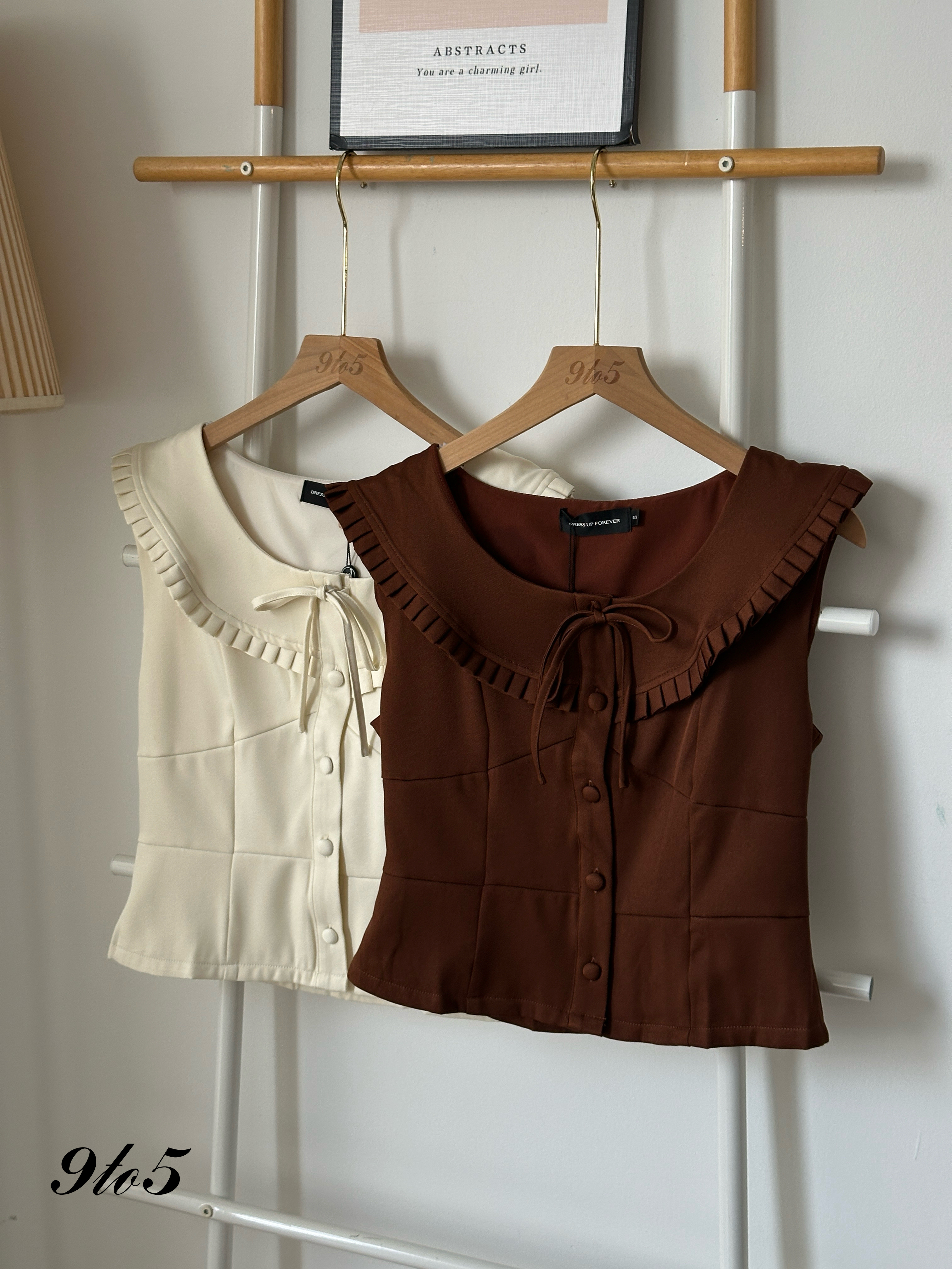 T4039 Bow-tie Ruffle Top - Brown & Cream