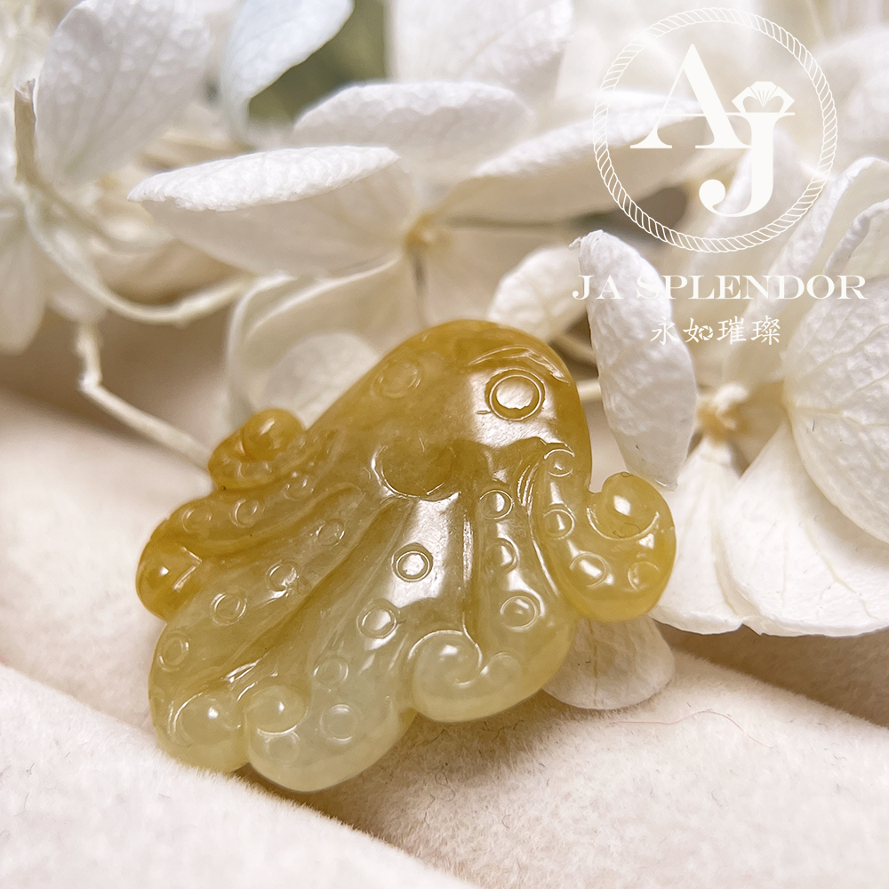 JN-3378 天然翡翠A玉-黃翡八方來財八爪魚/章魚吊墜